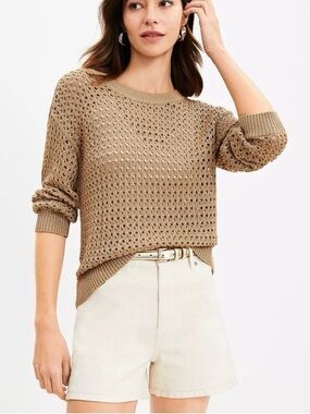 LOFT Open-Knit Crewneck Sweater in Tan